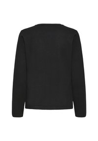 Top nero a maniche lunghe con scollo rotondo, realizzato in tessuto liscio. Design semplice, senza motivi o accenti visibili.