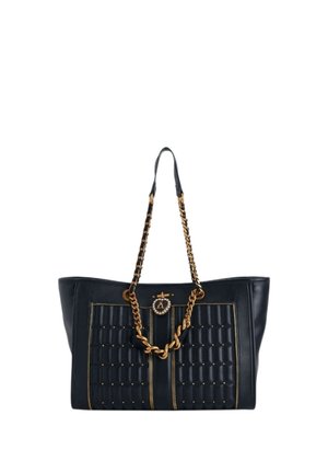 Zwarte leren handtas met doorgestikt voorpaneel, gouden ketting en leren riem, en decoratieve gouden sluiting.