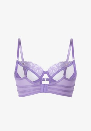 Lavendel beha met kantafwerking, verstelbare banden en een mesh ontwerp. Gestreepte band met haak- en oogsluiting aan de achterkant.
