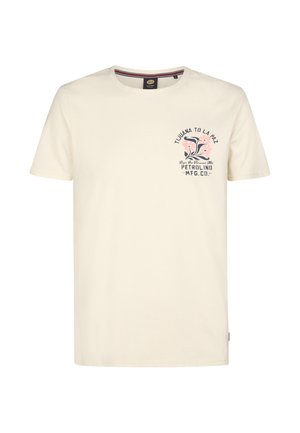 Roomkleurig katoenen T-shirt met een ronde hals, korte mouwen en een grafische print van bloemen met tekst op de linkerborst.