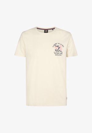 T-shirt in cotone color crema con scollo rotondo, maniche corte e stampa grafica di fiori con testo sul lato sinistro del petto.