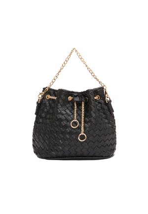 Black woven leather bucket bag with a drawstring closure, gold-tone chain accents, and two circular metal hardware details.