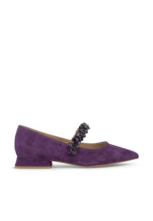 Scarpa in suede viola con tacco basso e punta affilata. Presenta una cinturina decorativa impreziosita da ornamenti multicolori.