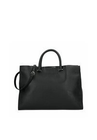 Bolso tote de cuero negro con acabado texturizado, doble asa superior y correa de hombro desmontable; forma rectangular con herrajes mínimos.