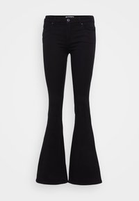Jeans negre evazate cu talie înaltă, realizate din denim, având buzunare laterale și închidere cu nasture. Textură netedă cu o siluetă ajustată.