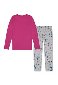 Rosa Langarmshirt, kombiniert mit grauen Pyjamahosen mit floralem Druck in Blau, Pink und Schwarz. Aus weichem Baumwollmaterial.