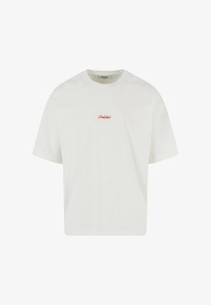 T-shirt in cotone bianco con vestibilità comoda. Presenta un piccolo testo ricamato rosso "Proibito" sul petto e maniche corte.