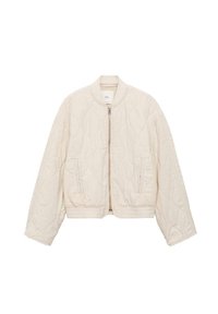 Quilted bomber jacket in cream color, featuring a zip front, ribbed cuffs and hem, and two side pockets with a smooth texture.