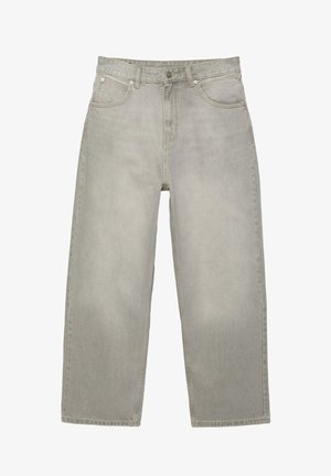 Jeans gris clair à jambes droites avec poches avant, passants pour ceinture et fermeture par bouton à la taille.
