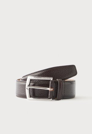 Dark brown textured leather belt with a silver rectangular buckle engraved with "Tiger of Sweden," coiled on a white background.