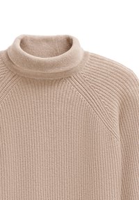 Beige Strickrollkragensweater mit geribbelter Textur, ausgestattet mit einem taillierten Kragen und Raglanärmeln, der ein weiches, gemütliches Design zeigt.