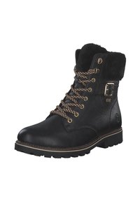 Bottines en cuir noir avec une finition texturée, col en fourrure, accents en métal doré et lacets marron. Semelle en caoutchouc robuste avec traction.