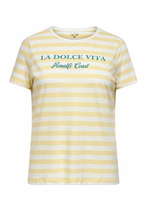Kortærmet gul og hvid t-shirt med vandrette striber og med teksten "LA DOLCE VITA Amalfi Coast" trykt i blåt på forsiden.