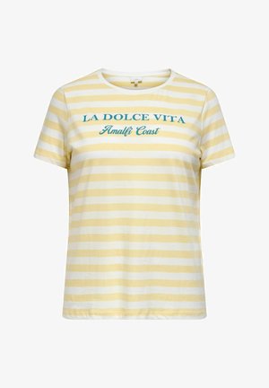 Kortærmet gul og hvid t-shirt med vandrette striber og med teksten "LA DOLCE VITA Amalfi Coast" trykt i blåt på forsiden.