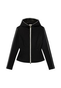 Giacca nera con zip e cappuccio, strisce bianche sui maniche, forma sagomata, texture liscia e chiusura frontale con zip.