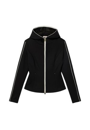 Czarna kurtka z zamkiem i kapturem, białe paski akcentowe na rękawach, dopasowany fason, gładka tekstura oraz zamek błyskawiczny z przodu.