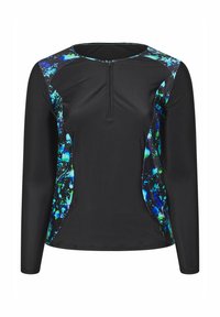 Maglietta a maniche lunghe nera con motivo astratto multicolore su spalle e lati; presenta un collo zip e una texture liscia.