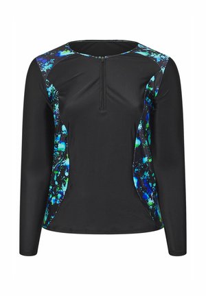 Zwart langemouwen top met een multikleurig abstract patroon op de schouders en zijkanten; beschikt over een ritskraag en een soepele textuur.