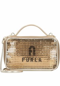 Złota torebka pokryta cekinami z beżowym sztucznym skórzanym wykończeniem, o prostokątnym kształcie, z górnym uchwytem i odpinanym paskiem na ramię. Posiada zapięcie na suwak.