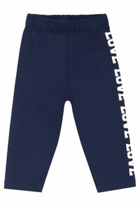 Mørkeblå leggings lavet af blød bomuld, med et hvidt "LOVE" print langs venstre side og en elastisk talje for komfort.
