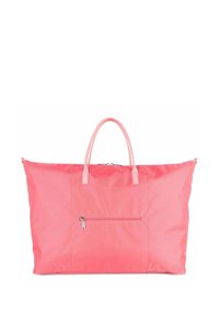 Borsa a spalla rosa in nylon, con due manici, tasca frontale con zip e un design spazioso per un uso versatile.
