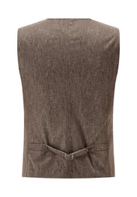 Braune Stoffweste mit strukturierter Oberfläche. Hat einen tiefen Rücken mit einer Schnallendetail und Klappentaschen auf jeder Seite.