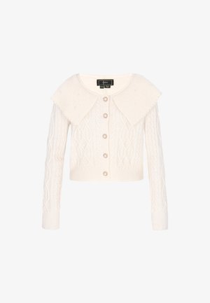 Cardigan bianco a maglia con collo a coste ampie, caratterizzato da bottoni in perla e motivi testurizzati sulla parte anteriore e sulle maniche.