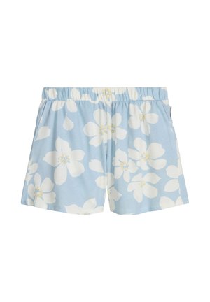 Hellblaue Shorts mit großem weißem Blumenmuster und elastischem Bund, aus weichem Stoff gefertigt.