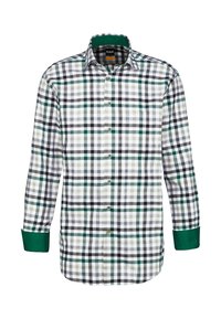Karierte Hemd in Weiß, Schwarz, Grün und Grau. Mit langen Ärmeln, Knopfverschluss vorne und kontrastierenden grünen Manschetten. Aus weichem Baumwollmaterial.
