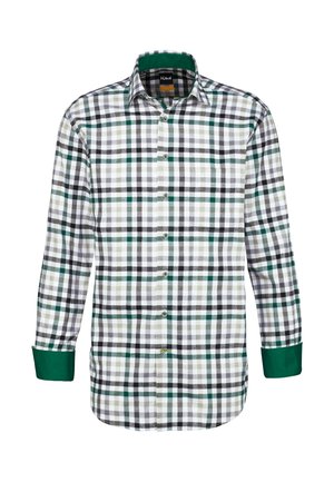 Karierte Hemd in Weiß, Schwarz, Grün und Grau. Mit langen Ärmeln, Knopfverschluss vorne und kontrastierenden grünen Manschetten. Aus weichem Baumwollmaterial.
