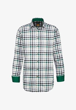 Camicia a quadri in bianco, nero, verde e grigio. Caratterizzata da maniche lunghe, chiusura frontale con bottoni e polsini verdi a contrasto. Materiale in cotone morbido.