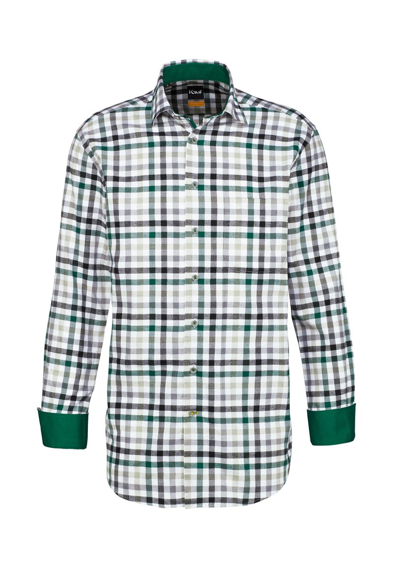 Karierte Hemd in Weiß, Schwarz, Grün und Grau. Mit langen Ärmeln, Knopfverschluss vorne und kontrastierenden grünen Manschetten. Aus weichem Baumwollmaterial.