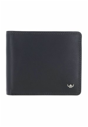 Black leather bi-fold wallet with visible stitching and small silver logo emblem on bottom right corner.