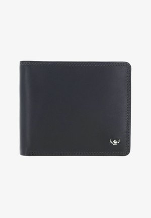Schwarze Leder-Bifold-Geldbörse mit sichtbarer Naht und kleinem silbernem Logoemblem in der unteren rechten Ecke.