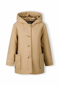 Bežový kabát s kapucňou a hladkým povrchom, zdobený štyrmi gombíkmi, dvoma prednými vreckami a podšívkou. Jednoduchý dizajn s čistými líniami.