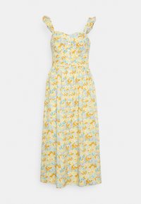 Blommig klänning med mönster i gult, blått och vitt; lättviktig tyg; justerbara volangärmar; figursydd bodice; flödande kjol.