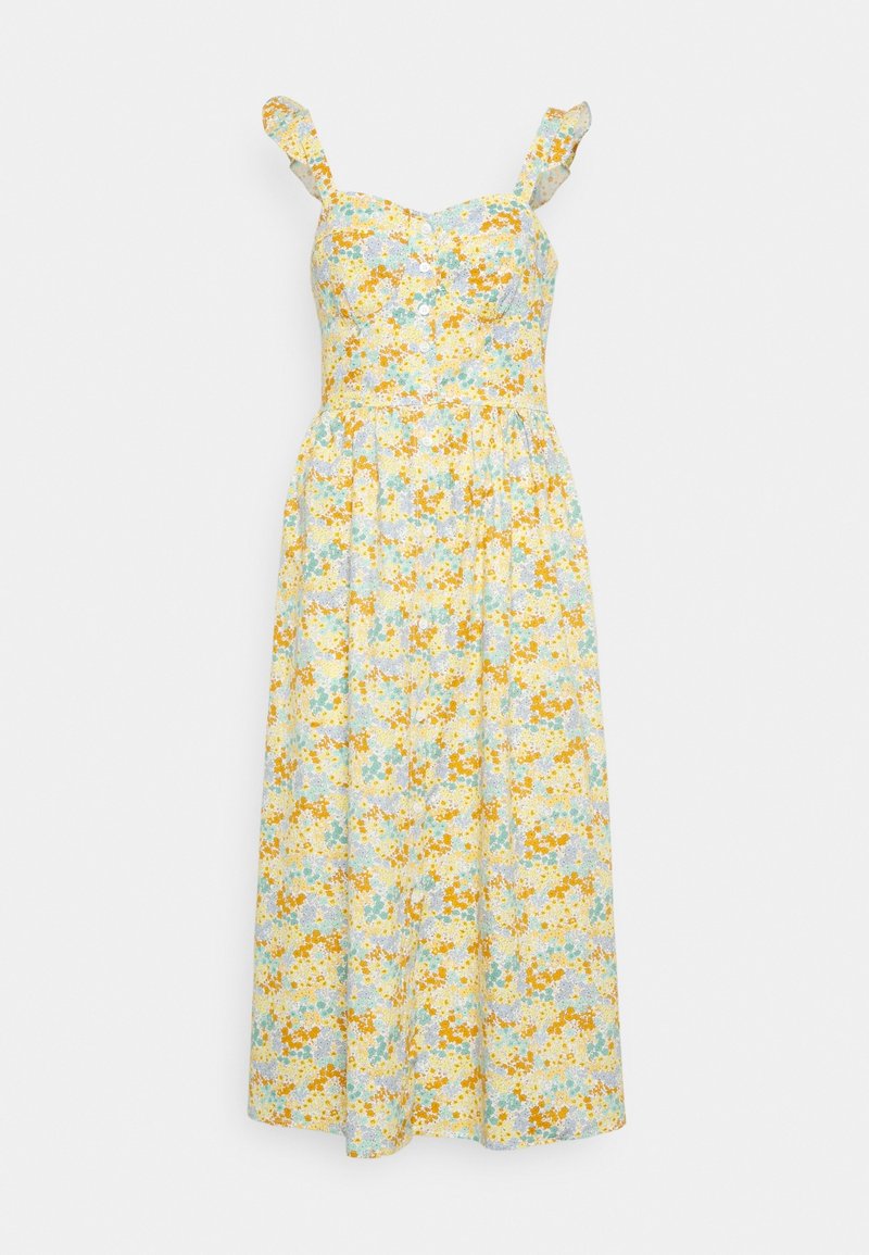 Blommig klänning med mönster i gult, blått och vitt; lättviktig tyg; justerbara volangärmar; figursydd bodice; flödande kjol.