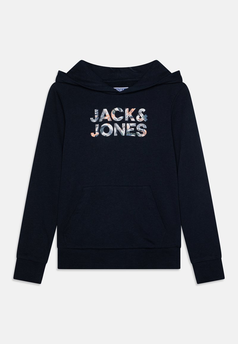 Tengeréskék kapucnis pulóver, elülső kenguruzsebbel, amelyen a "JACK & JONES" felirat egy színes virágmintában látható. Puha anyag, bordázott mandzsetta.