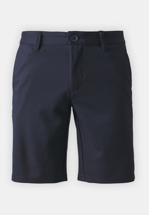 Calções azul marinho feitos de um tecido suave, com um cós ajustado, fecho de botão e bainha limpa. Adequados para uso casual.