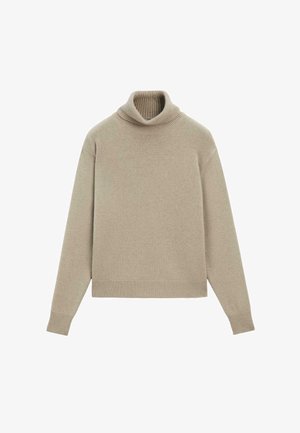 Béžový rolák vyrobený z měkké tkaniny, s ribbovaným límcem a lemy, uvolněný střih a dlouhé rukávy. Hladká textura, minimalistický design.