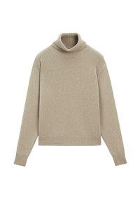 Maglione beige a collo alto realizzato in tessuto morbido, con colletto e bordi a coste, vestibilità rilassata e maniche lunghe. Texture liscia, design minimal.