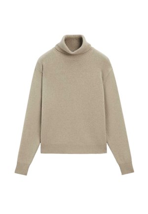 Beige Rollkragenpullover aus weichem Material, mit geripptem Kragen und Säumen, lässiger Passform und langen Ärmeln. Glatte Textur, minimalistisches Design.
