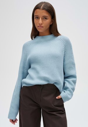 Jonge vrouw met stijl bruin haar, draagt een lichtblauwe gebreide trui en donkerbruine broek, staat met één hand in de zak.