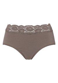 Braune hochgeschnittene Unterhose mit floralem Spitzenbund. Glatter Stoff mit gezacktem Spitzenrand. Keine sichtbaren Nähte oder Muster.