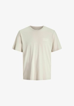 Lichtbeige katoenen t-shirt met korte mouwen en een ronde hals. Bevat een subtiele witte logo op de linkerborst. Eenvoudig ontwerp.