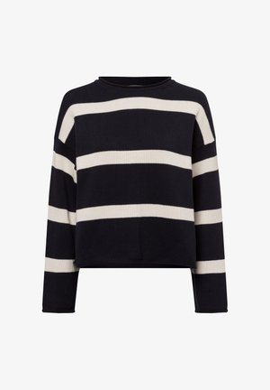 Strickpullover mit horizontalen Streifen in Marineblau und Creme, runder Halsausschnitt und langen Ärmeln. Leicht verkürztes Design mit strukturierter Oberfläche.