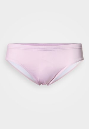 Lys rosa bikinibukse med en glatt, blank tekstur. Har en klassisk passform og minimalistisk design med hvite detaljer på sidene.