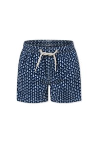 Costumi da bagno blu navy con vita regolabile tramite cordino, caratterizzati da un motivo di ancore bianche su tutto il tessuto. Realizzati in un tessuto leggero e a asciugatura rapida.