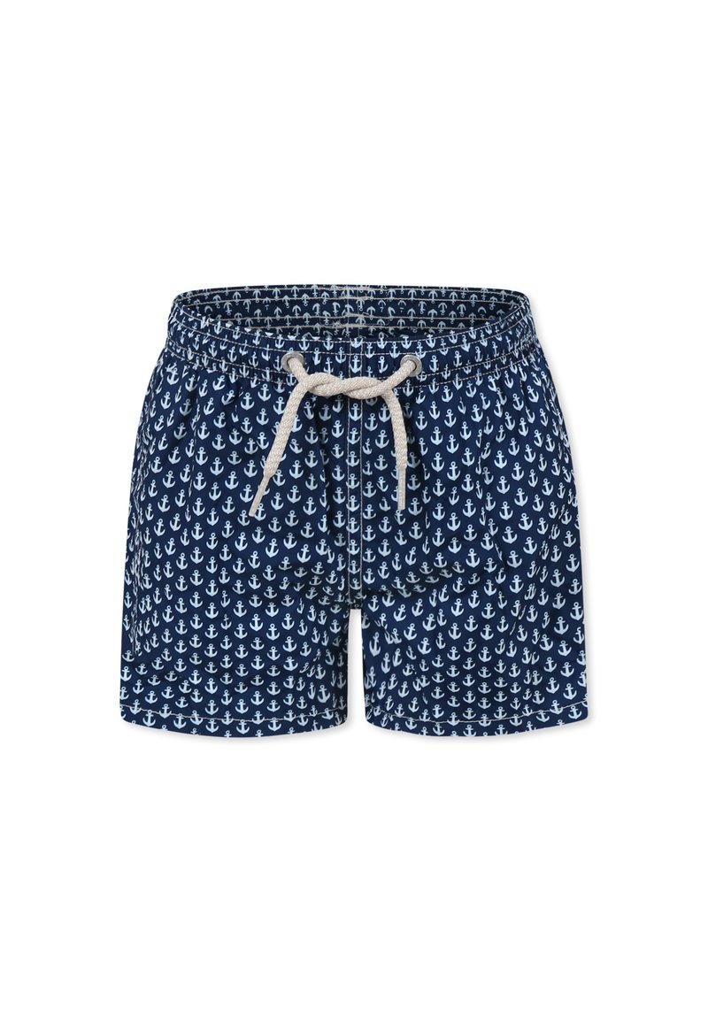 Costumi da bagno blu navy con vita regolabile tramite cordino, caratterizzati da un motivo di ancore bianche su tutto il tessuto. Realizzati in un tessuto leggero e a asciugatura rapida.
