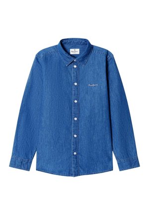 Langärmliges blaues Denimhemd mit Kragen und weißen Knöpfen, mit einem kleinen weißen gestickten Logo auf der Brust.